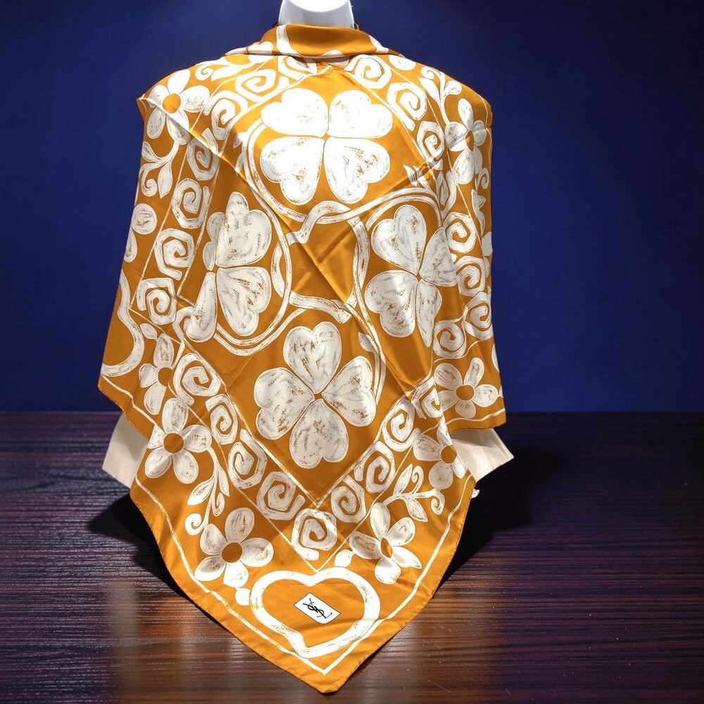 Yves Saint Laurent YSL 100% Silk Satin Scarf 34" White Shamrock Pumkin Color (60